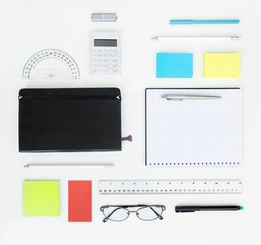 Workplace with office items and business elements on a desk. Concept for branding. Top view. 