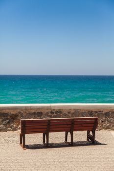 Bench deck with tranquil sea view, Heraklion city, Crete, Greece 