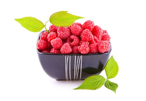Fresh raspberries in a porcelain bowl isolated on white