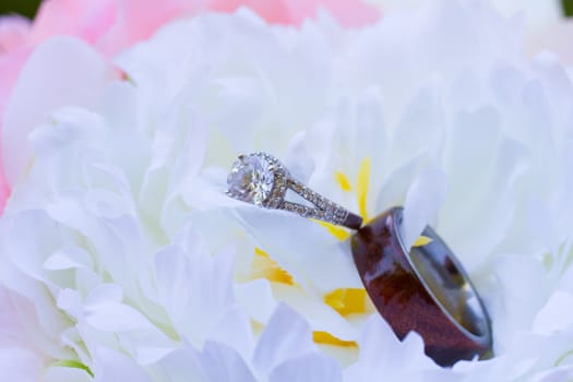 A bride and groom have their wedding rings photographed on some flowers from the bouquet.