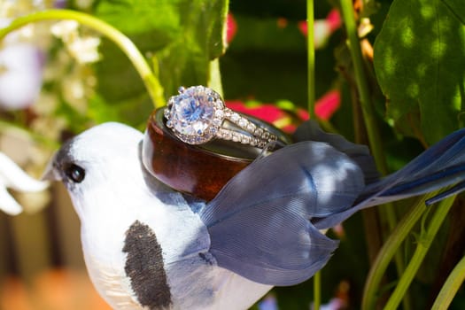 The wedding rings of a bride and groom are photographed on their center pieces including a bird.