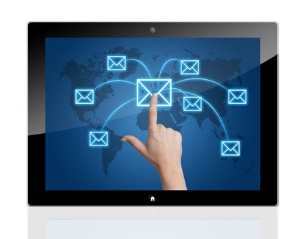 Communication concept: Tablet PC with a Hand pressing a letter icon on a world map interface 