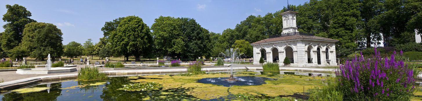 Panoramic view of the Italian Garden in Kensington Gardens, London.