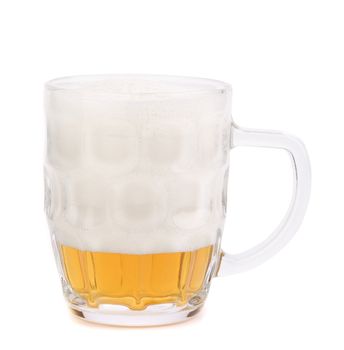 Glass of foamy beer on white background. 80%.