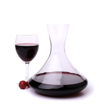 decanter with red wine and glass on white background