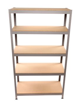 Metal industrial storage shelves isolated on white.
