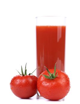 Tomatoes and juice on a white background