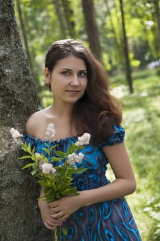 in the morning in the forest beautiful woman