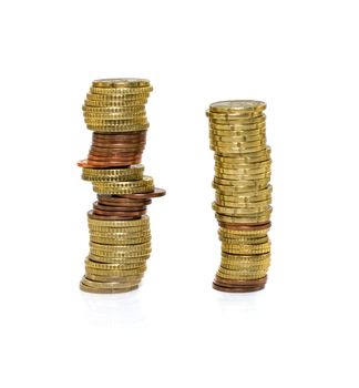 stack of euro coins on white background