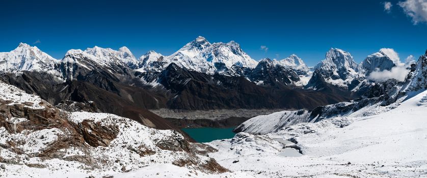 Panoramic view of Himalaya summits: Everest, Lhotse, Nuptse and others. Large resolution