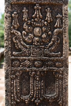 Ancient stone carving with elephants on the ruins of the ancient kingdom capital in Polonnaruwa, Sri Lanka 