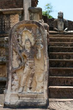 Ancient guard stone near entrance at Vatadage in Polonnaruwa, Sri Lanka 