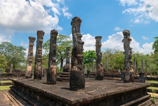 Lovely little pavilion Nissankalata Mandapa with eight pillars carved in imitation of lotus stalks, Polonnaruwa, Sri Lanka