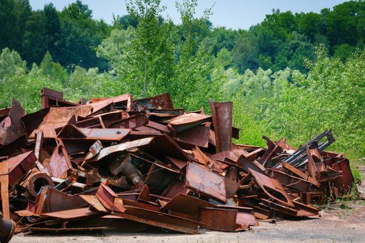 Metal garbage with green trees and grass on background