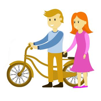 Illusstration cartoon of man and lady with bike