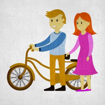 Illusstration cartoon of man and lady with bike