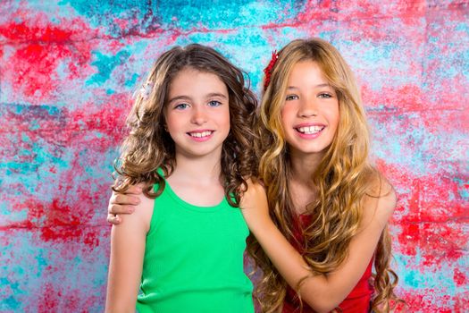 friends beautiful children girls hug together happy smiling on grunge background