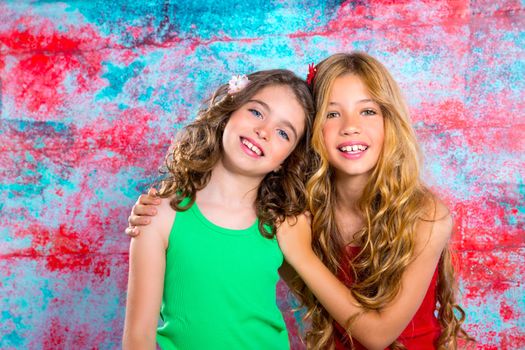 friends beautiful children girls hug together happy smiling on grunge background