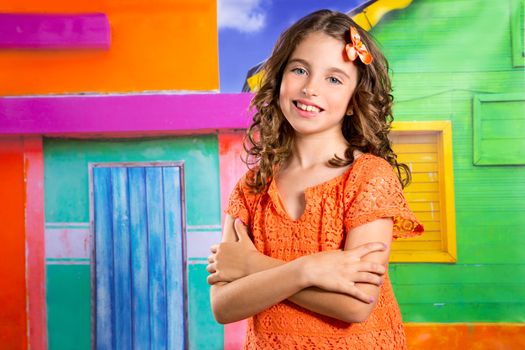 children happy tourist girl smiling in a tropical vacation house