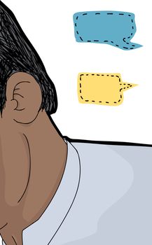 Man with ear listening to whispers in blank word bubbles