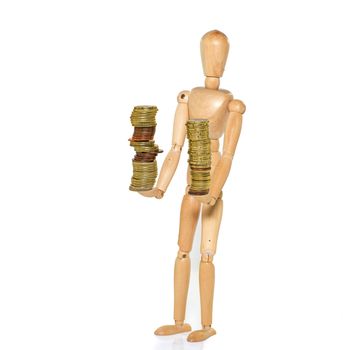wooden puppet keeping money in balance