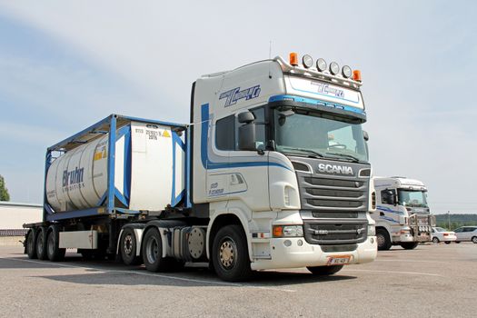 KARJAA, FINLAND - JUNE 30, 2013: Scania R620 Breakbulk transport truck parked in Karjaa, Finland on June 30, 13. Breakbulk.com predicts improvement to the drybulk sector in 2013 after the very rough year 2012.