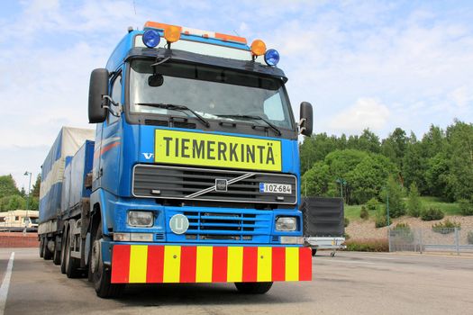 SALO, FINLAND - JUNE 1; 2013: A Road marking truck in Salo; Finland on June 1; 2013. Extensive road works slow down traffic in Finlands main roads and motorways during the summer months of 2013.