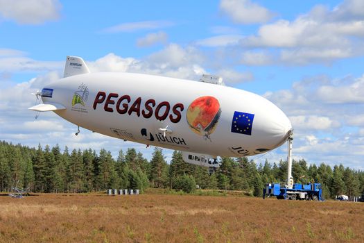 JAMIJARVI, FINLAND - JUNE 15, 2013: Pegasos Zeppelin NT airship in Jamijarvi, Finland on June 15, 2013 after completing the ca. 30 research flights as part of the European PEGASOS project.