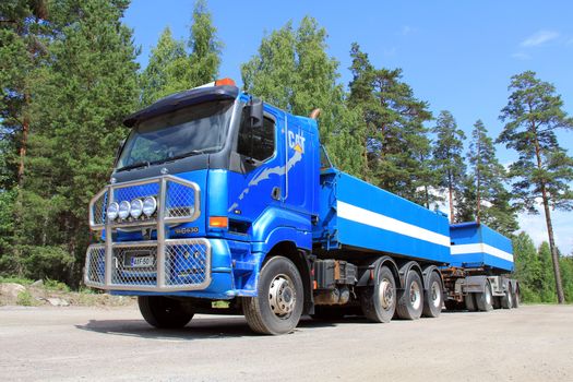 TAMMISAARI, FINLAND - JULY 6, 2013: Sisu heavy duty truck parked in Tammisaari, Finland on July 6, 2013. Sisu Auto Finland prepares for a peak in demand for Euro 5 series of trucks due to the new Euro 6 emission regulation coming into force next year.