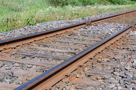 Close up view of railroad tracks.