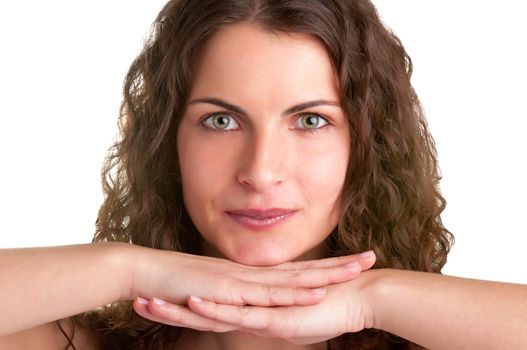 Portrait of young woman on a white background