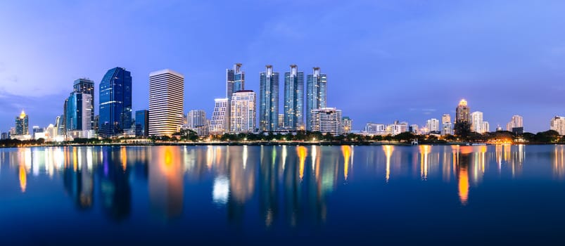 business buildings area and office, cityscape at twilight panorama