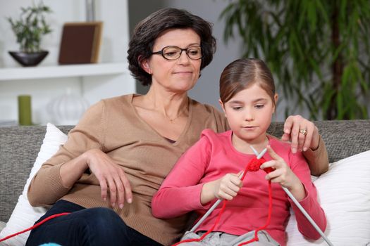 Knitting Grandmother and granddaughter