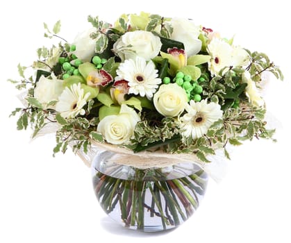 Flower arrangement in glass, transparent vase: White roses, orchids, white gerbera daisies, green peas. Isolated on white background. Floristic composition, design a bouquet, floral arrangement. 