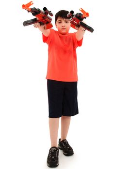 Handsome French American Boy Aiming Two  Plastic Toy AK47 Forward.