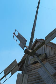 Old wooden propeller wind mills close-up.