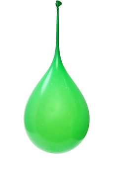 Water Filled Green Balloon Hanging Suspended Over White. Water droplets on outside.