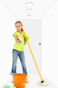 Child with mop bucket sponge in white hallway cleaning.