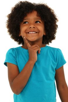 Adorable black girl child thinking gesture and smiling over white.