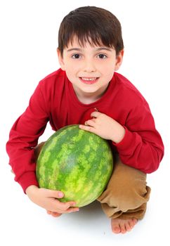 Attractive Caucasian Boy Child Picking Whole Watermelon
