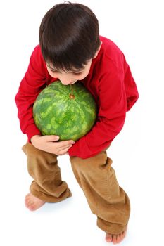 Happy Caucasian Boy Child Carrying Watermelon