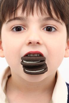 Adorable Boy with Mouth Full of Cream Stuffed Cookies