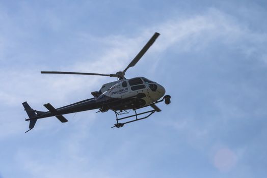 A helicopter flying over Fredriksten fortress in Halden, Norway, and taking pictures