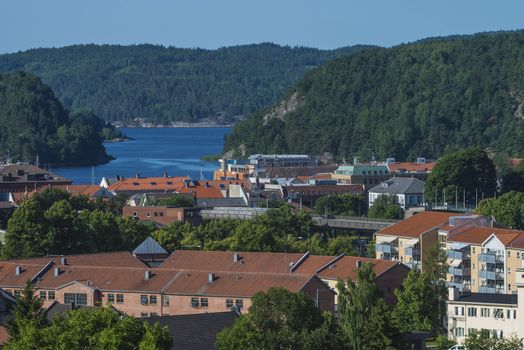 The picture is shot from Fredriksten fortress in Halden, Norway and shows some of Halden city and Halden harbor.