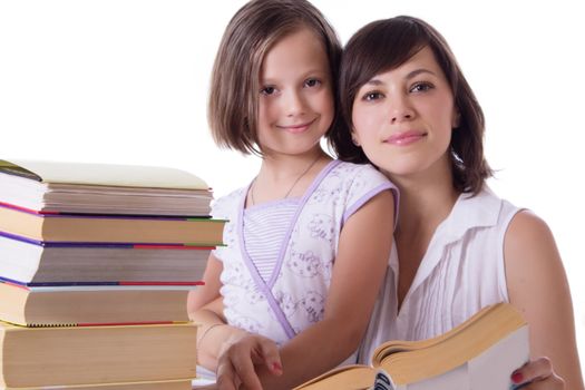 Mother and daughter reading books together over white