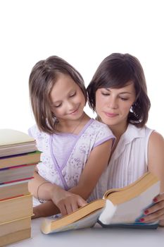 Mother and daughter reading books over white