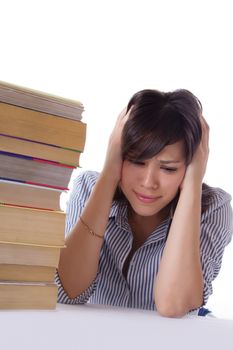 Stressed student girl with pile of books isolated on white