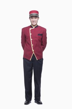 Portrait of Bellhop, full length, studio shot