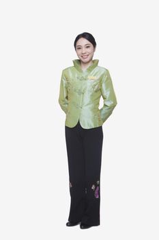 Restaurant/Hotel Hostess in Traditional Chinese Clothing, Full Length