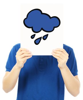 A teenager holding a signboard with a sketch of a rain cloud